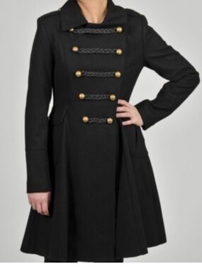 Tahari Black Military-Style Wool pleated Peacoat with Gold Buttons